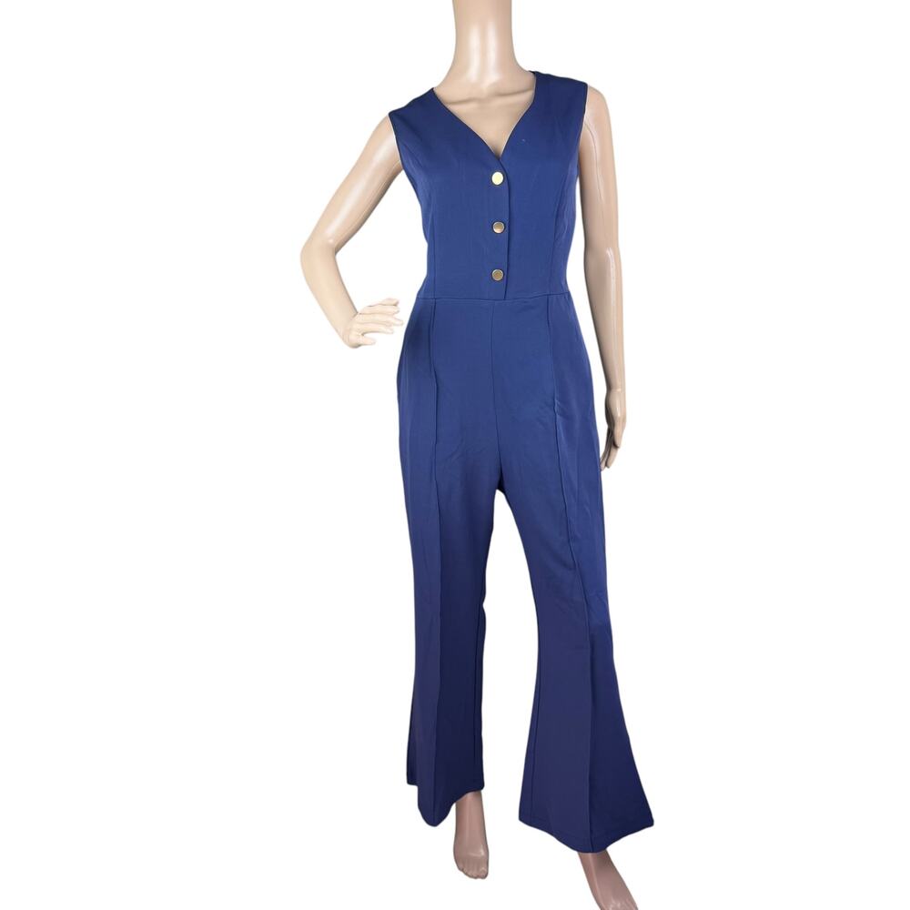 New Kinikiss Women Navy Sleeveless V-Neck Flare Leg Cropped Jumpsuit Size L